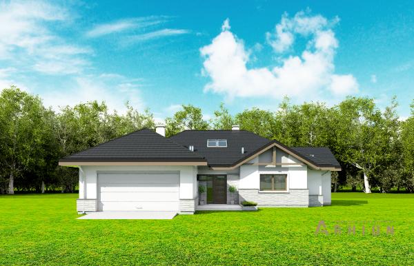 4. Проект одноэтажного дома в европейском стиле с многоскатной кровлей, mp-316, площадью - 225 кв c терассой, гаражом, эркером, вторым светом